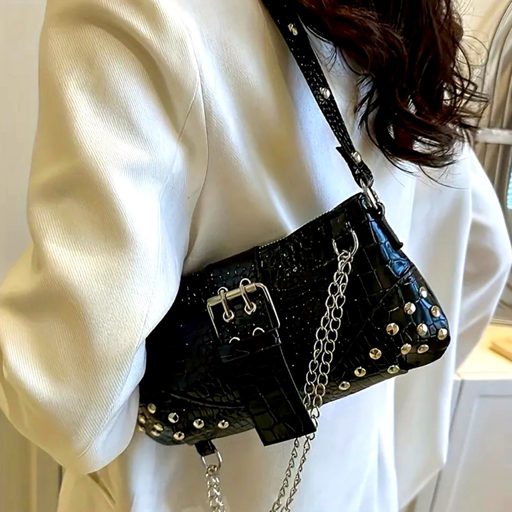 New - Retro Style - Faux Leather Crescent Shoulder Bag with Rivets - Black